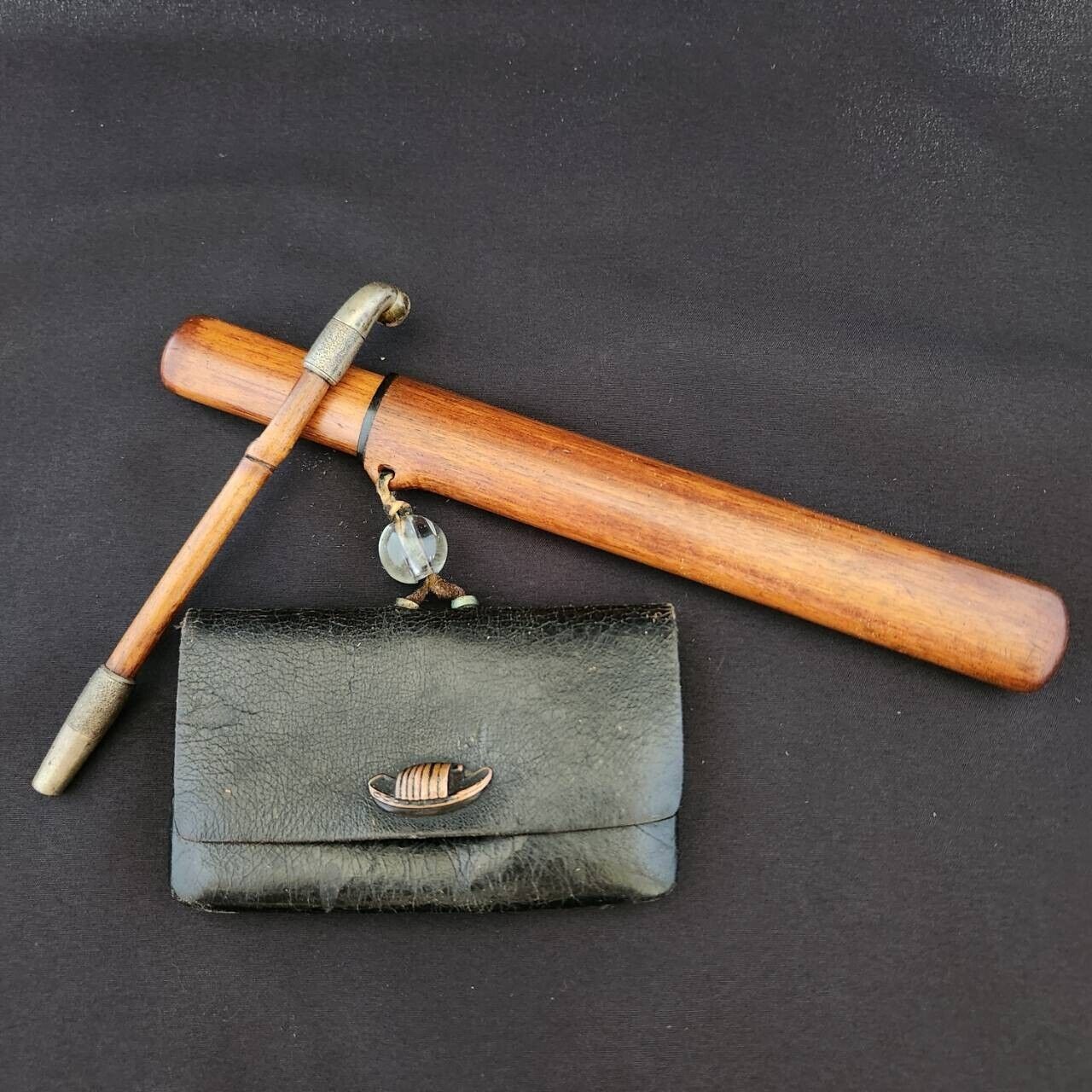 Vintage Japanese Bamboo Kiseru Pipe Case and Wooden Tobacco Case