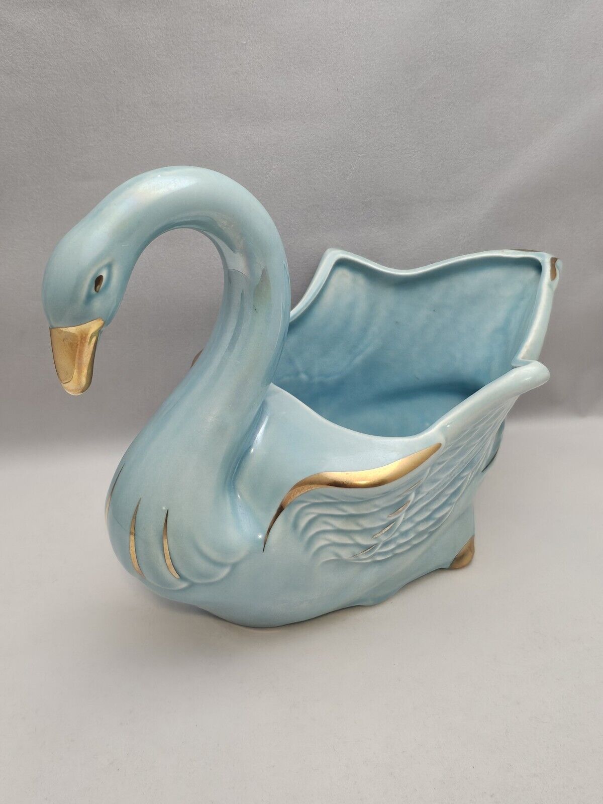 Vintage Iridescent Aqua Blue Ceramic Swan Planter MCM Art Nouveau Ballet core