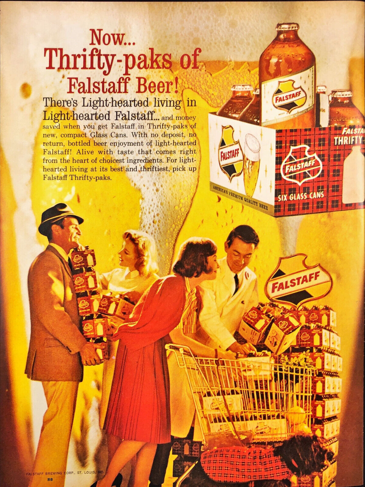 1962 Falstaff Beer Print Ad Glass Bottles Dog in Grocery Store