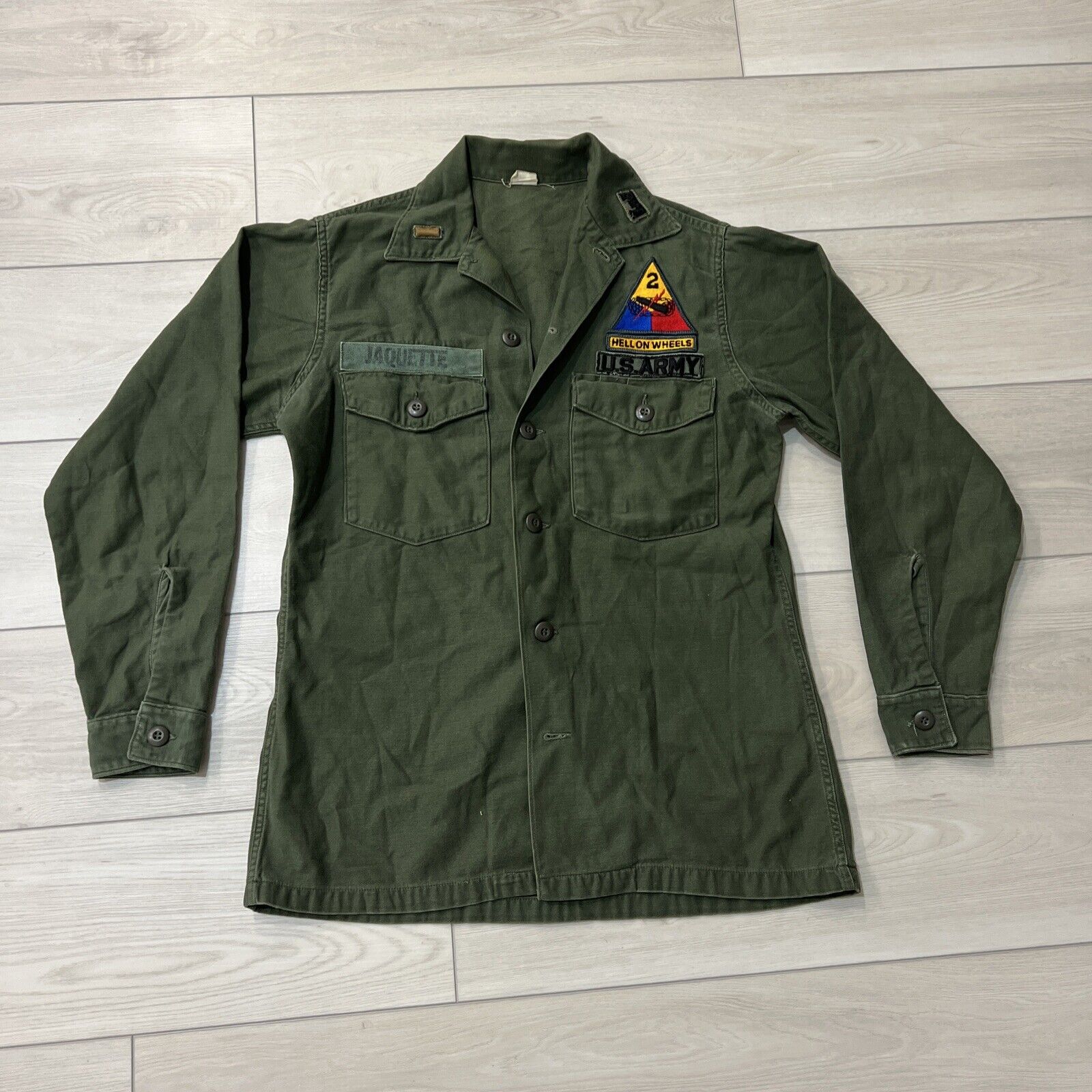 Vintage US Army OG 107 Sateen Shirt Men 15.5 X 33 Green 1966 Vietnam Era 60s