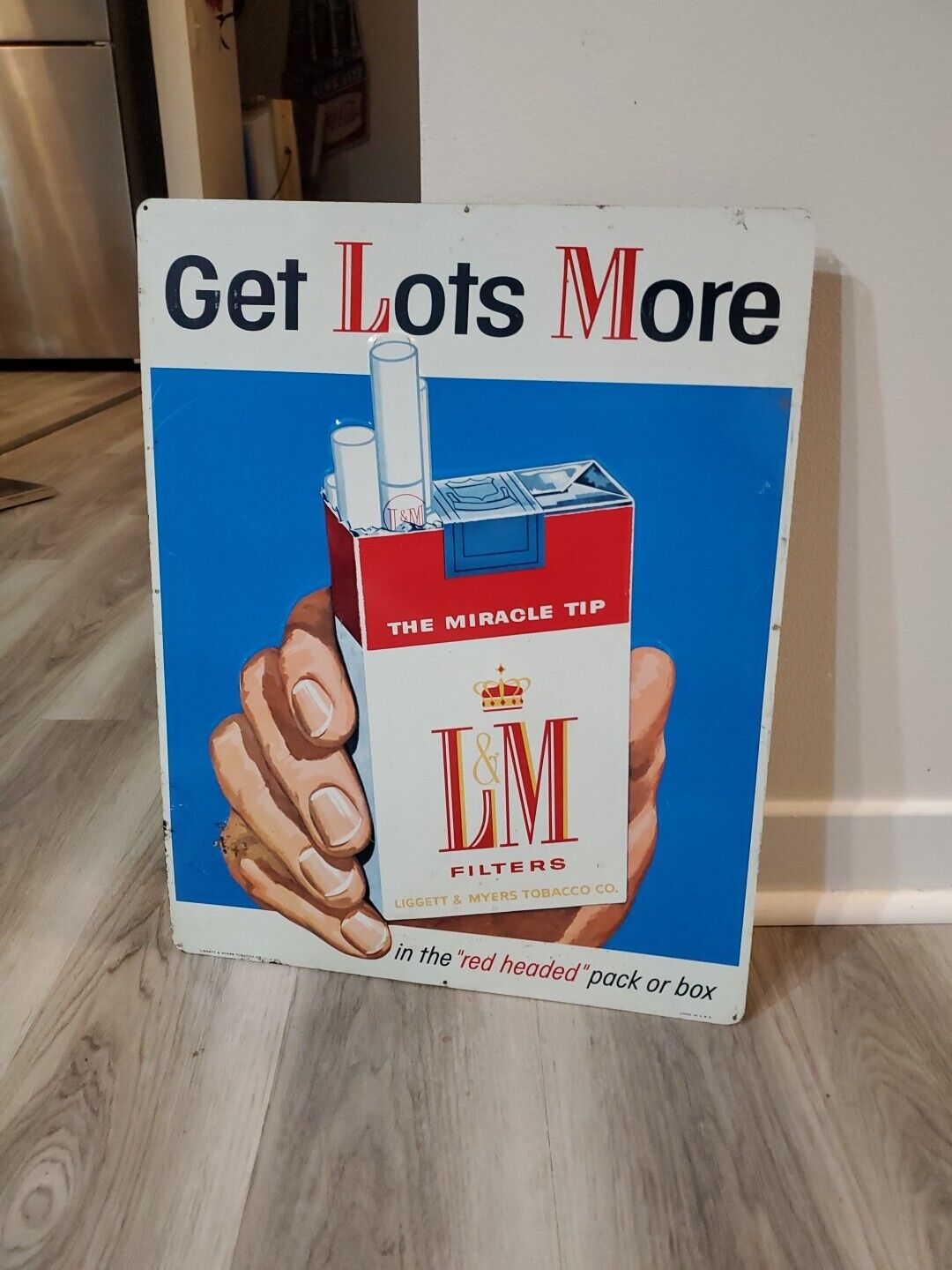 c.1960s Original L&M Cigarettes Sign Metal Embossed Tobacco Liggett Myers Gas 
