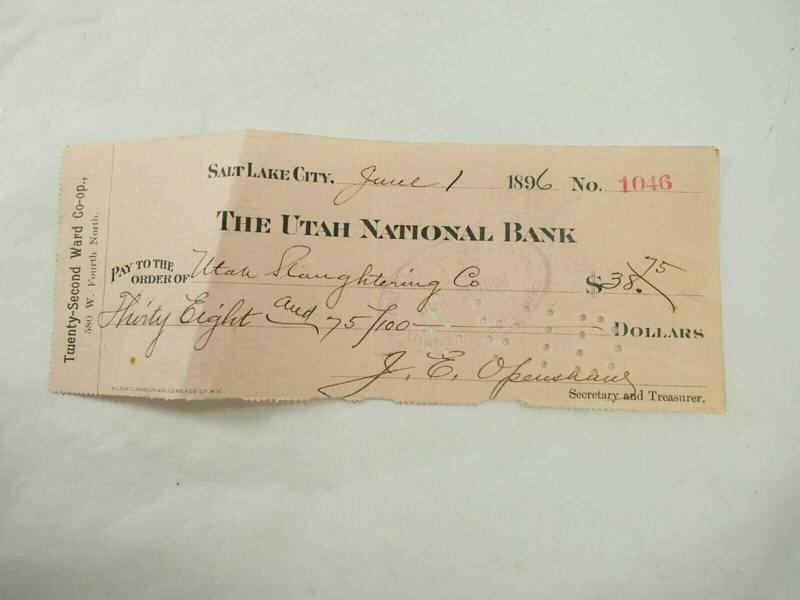 22nd Ward Co-Op to Utah Slaughtering Co.Utah National Bank June 1,1896