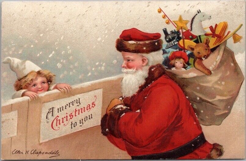 1910s CHRISTMAS Postcard Little Girl & SANTA CLAUS / Artist-Signed CLAPSADDLE