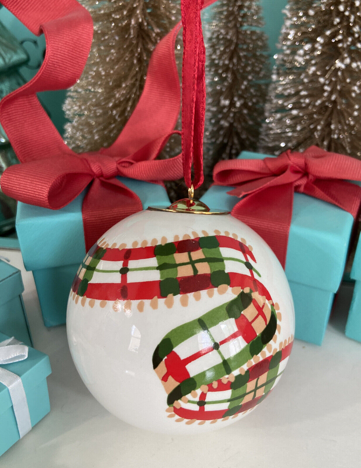 Tiffany&Co Ball Christmas Ornament Este Ceramiche Plaid Ribbon Ceramic Italy Box