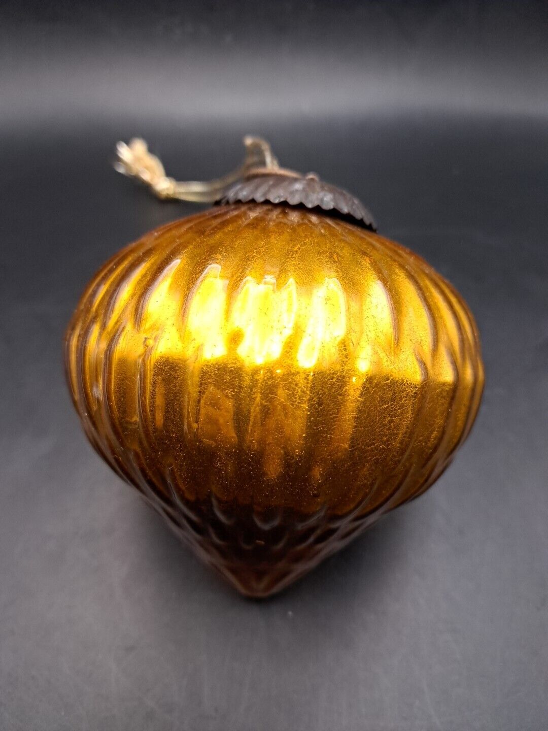 Vintage KUGEL Amber Ribbed Sphere Mercury Glass Christmas Ornament Heavy 