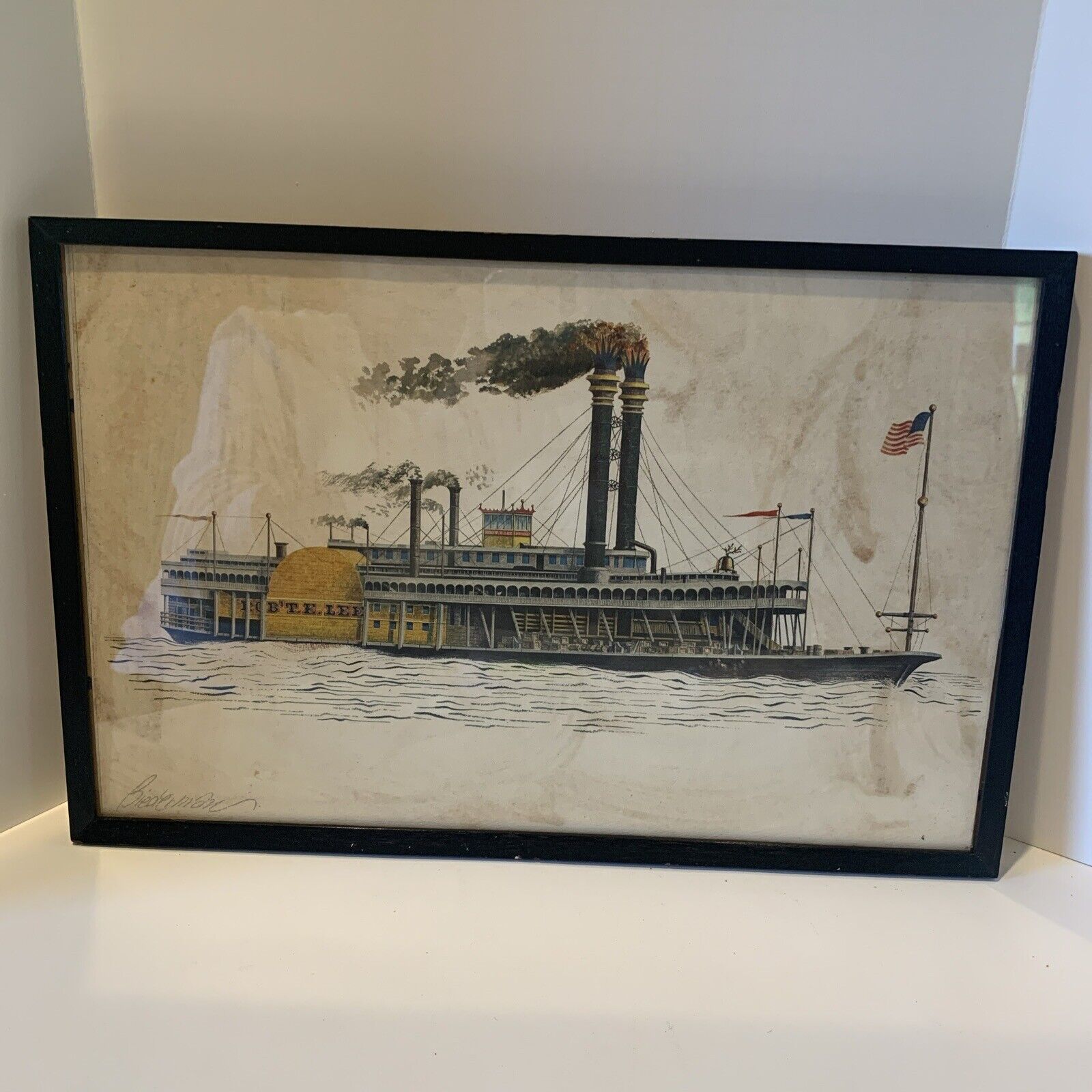 Vintage Framed Robert E. Lee Steamboat 1866 Signed Biederman. Frame Is 10x15”