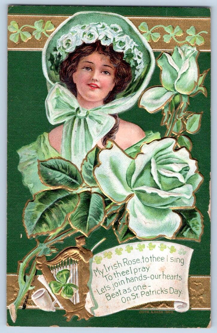 1911 ST PATRICK\'S DAY MY IRISH ROSE EMBOSSED GREEN GOLD ANTIQUE POSTCARD