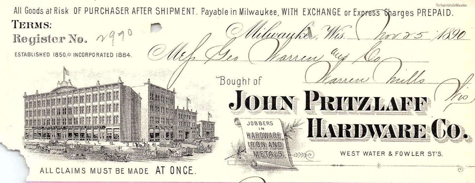 1890 MILWAUKEE WISCONSIN JOHN PRITZLAFF HARDWARE CO IRON BILLHEAD RECEIPT Z5488