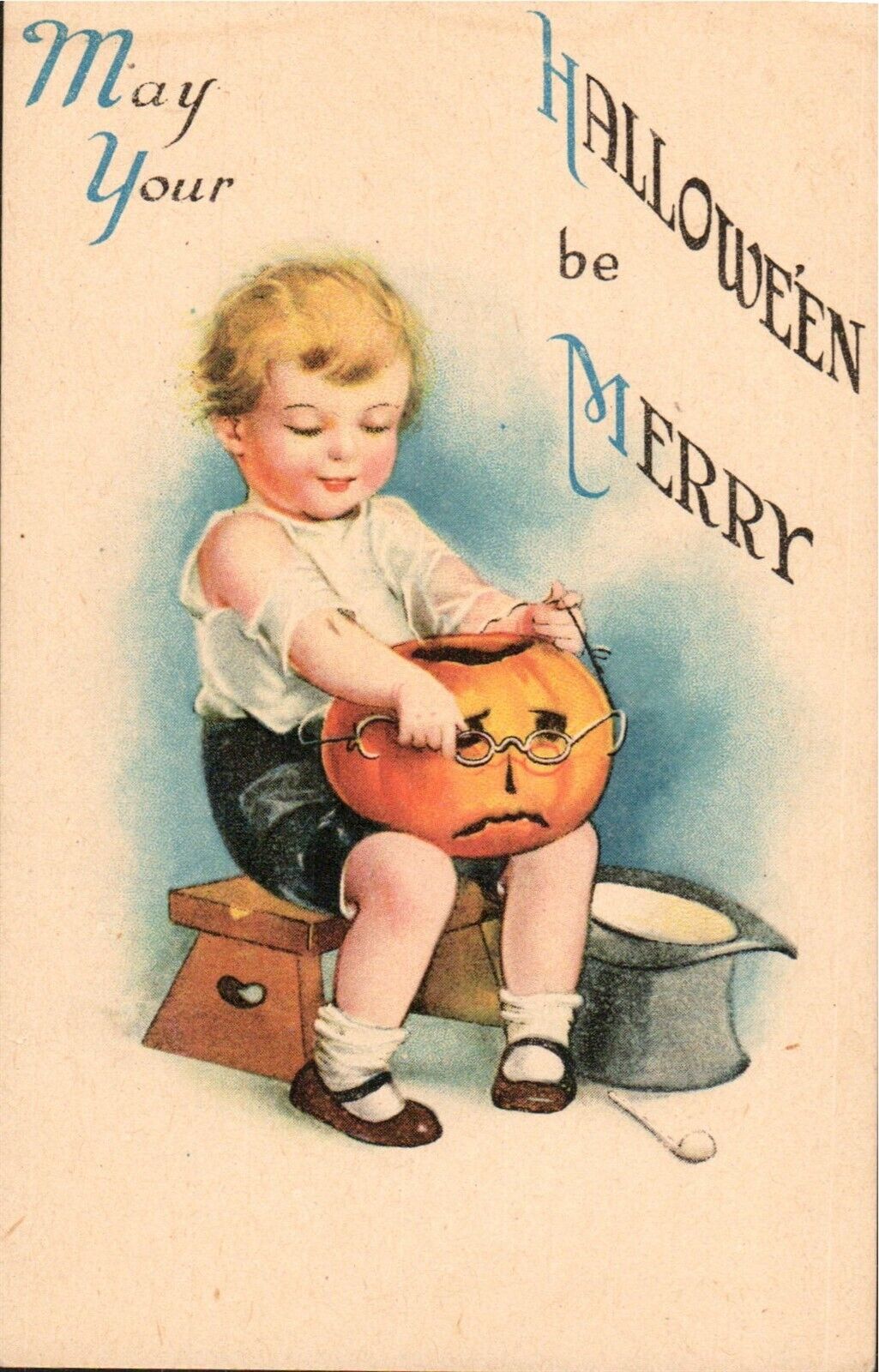 Postcard Halloween Ellen Clapsaddle Wolf 21 Girl Puts Glasses On Pumpkin C-1910