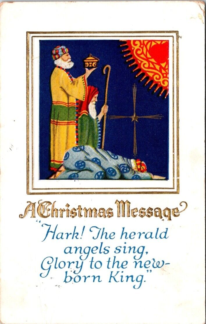 Christmas 3 Wise Men Star Staff Gold Gilt Embossed c1910 postcard NQ13