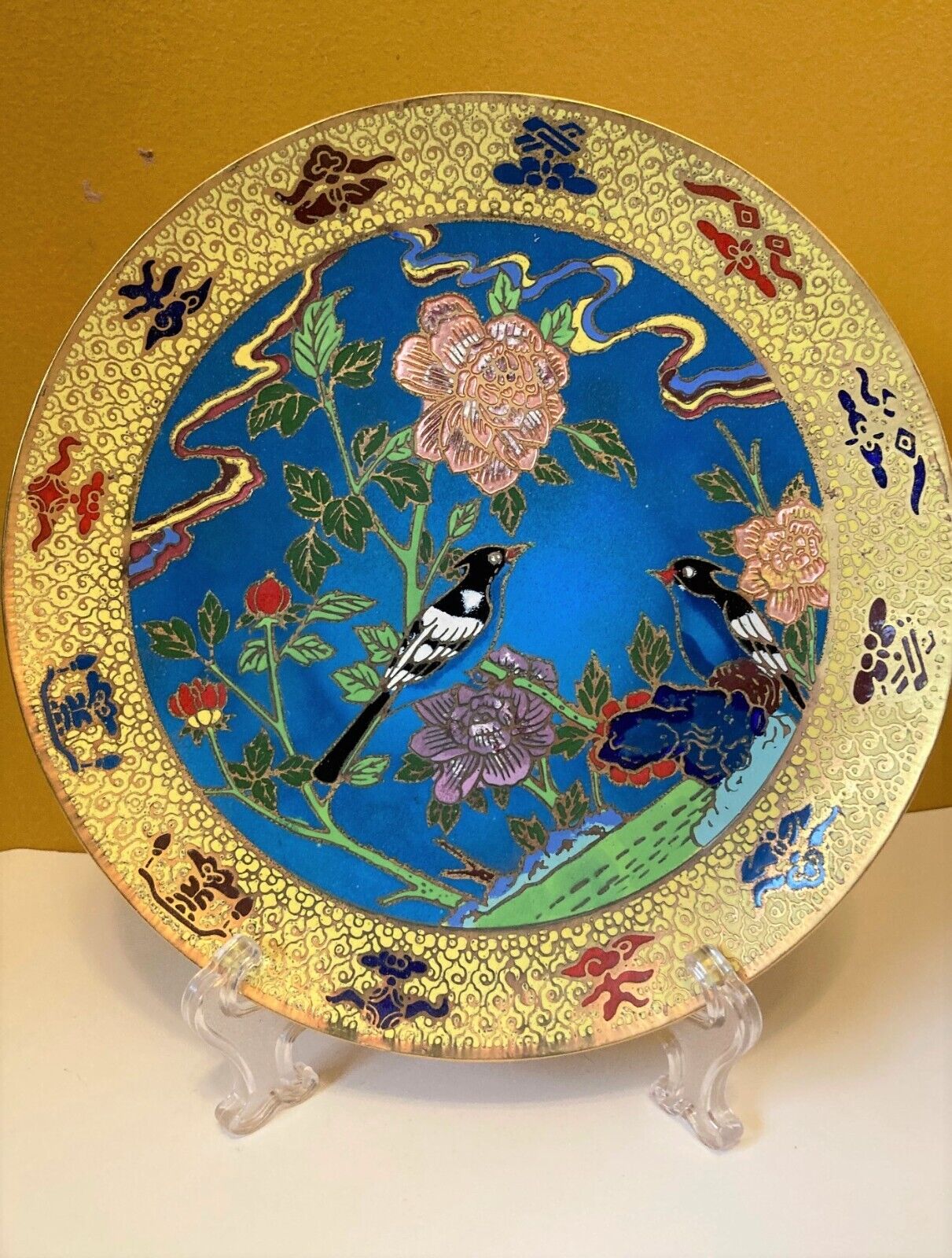 Cloisonne Enamel on Brass Plate Bird Motif Chien Lung of the Ching Dynasty 7.25\