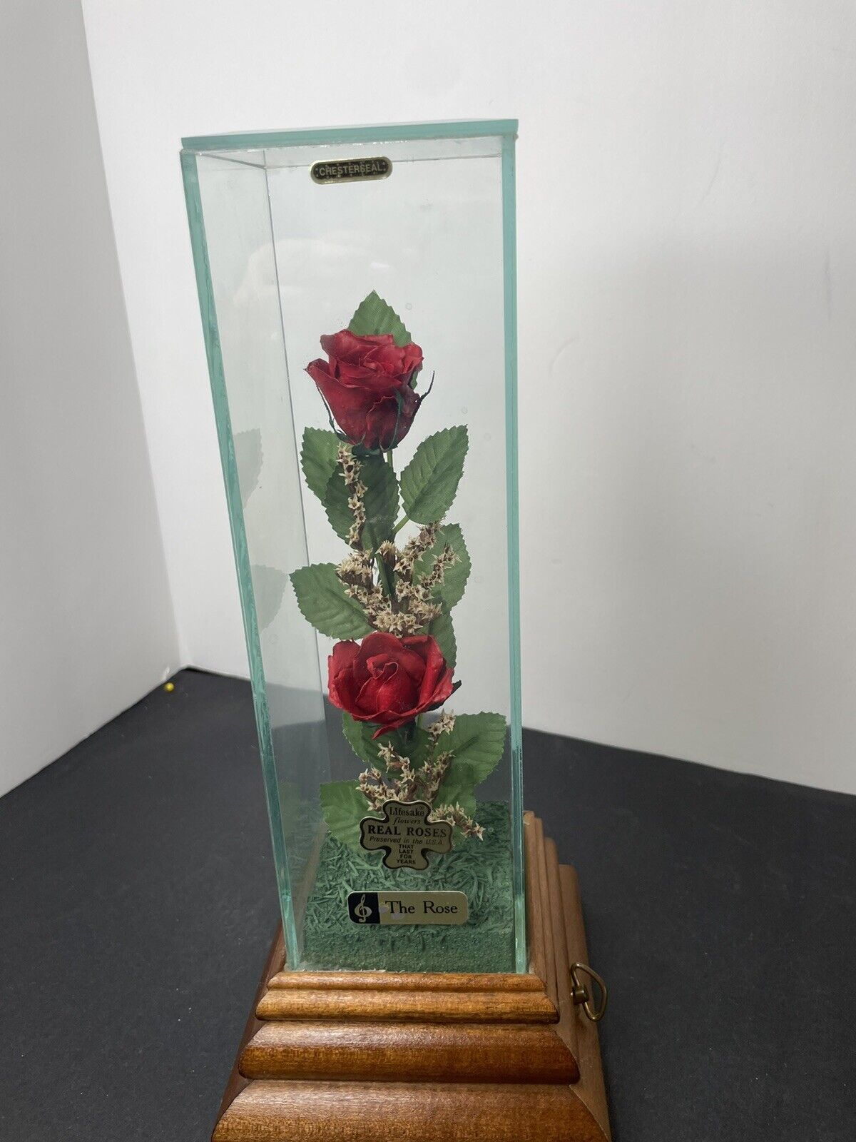 Vintage Lifesake Flowers REAL ROSES Glass Case MUSIC BOX THE ROSE Bette Midler🌹