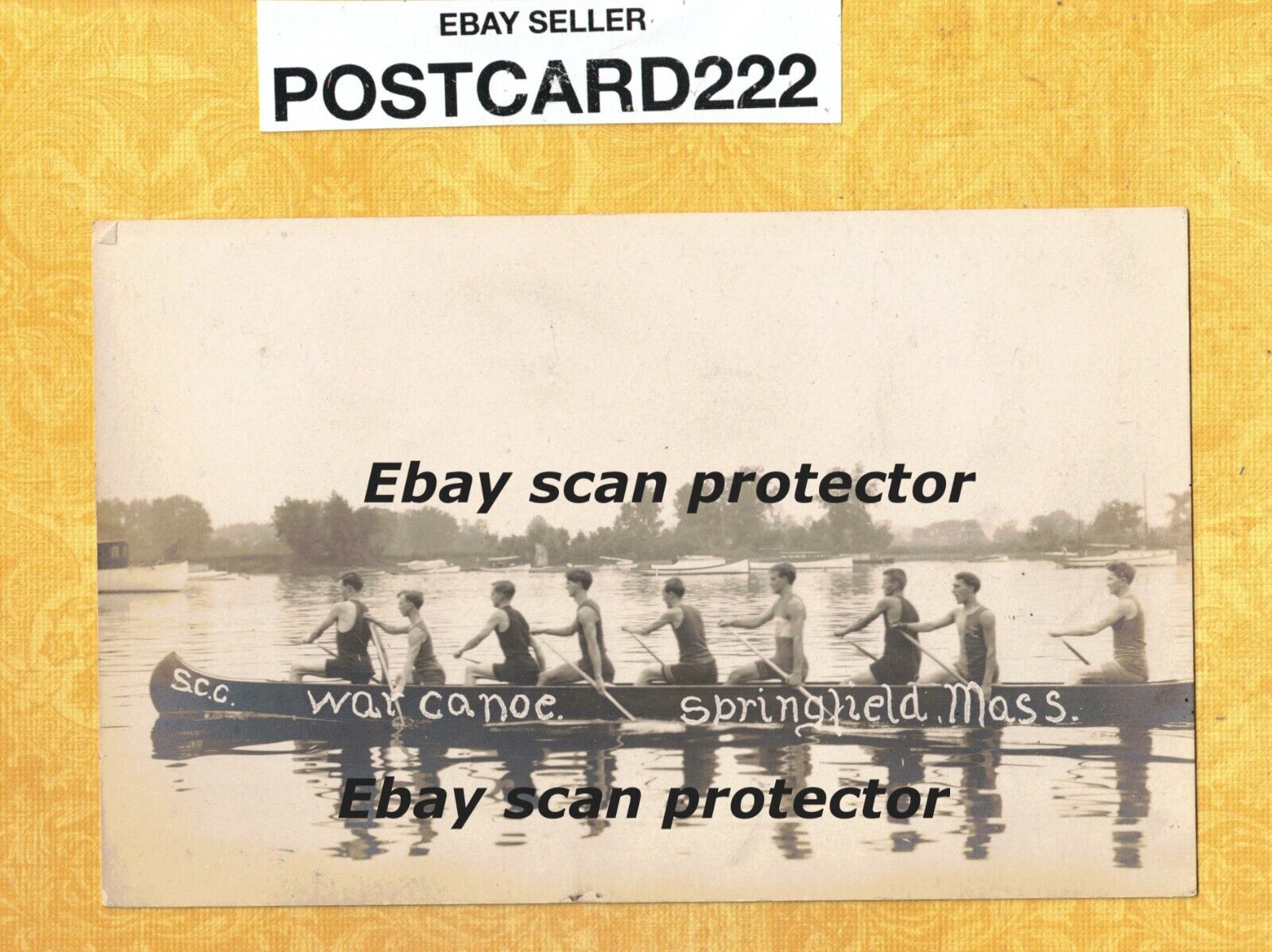 MA Springfield 1908-29 vintage RPPC postcard S.C.C. war canoe 9 men rowing Mass