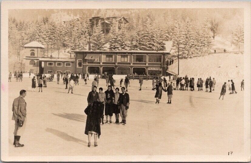 Vintage 1929 VILLARS, Switzerland RPPC Photo Postcard SKATING RINK Lodge View