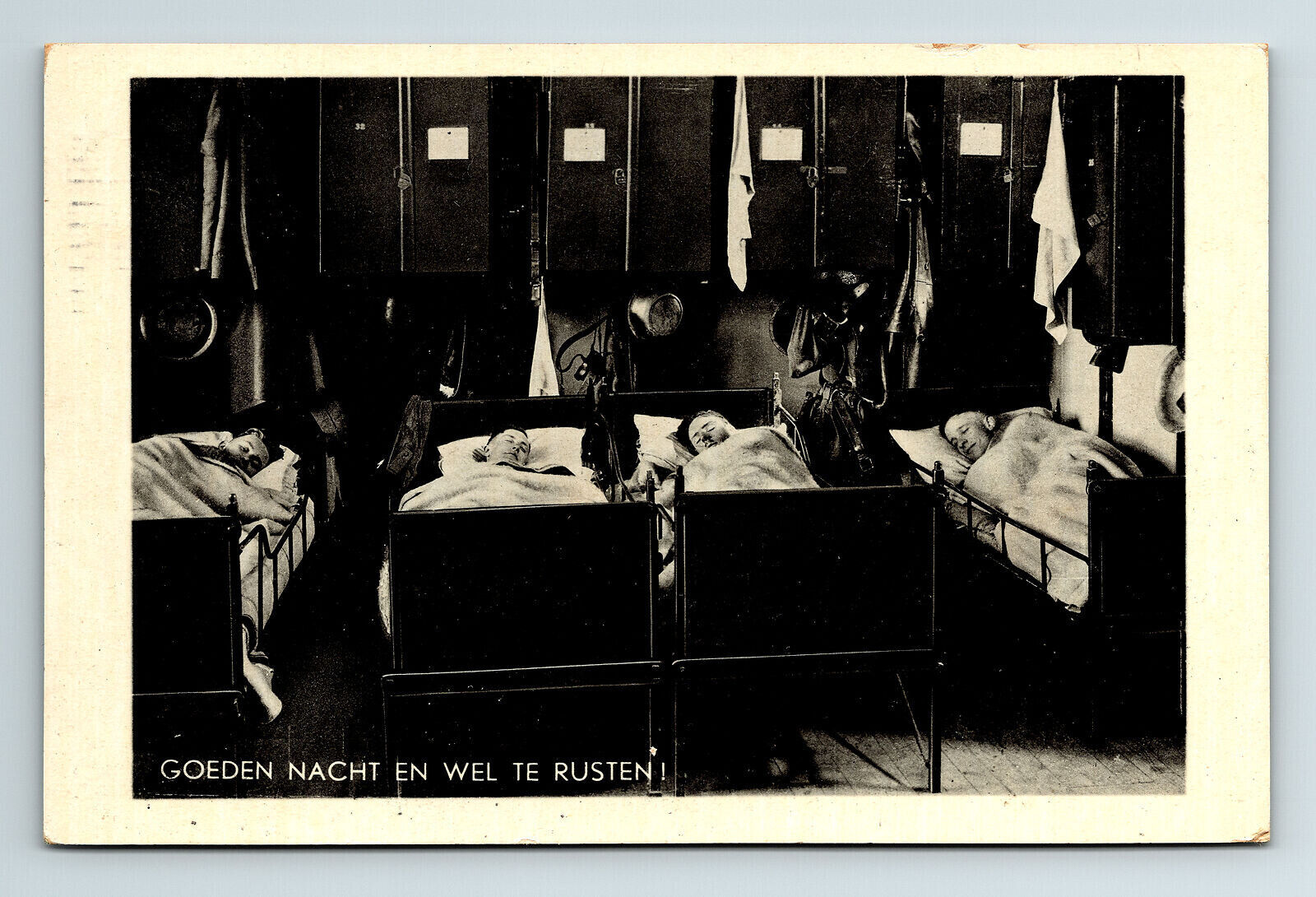 c1930s Postcard Good Night Dutch? Soldiers Resting in Beds Barracks