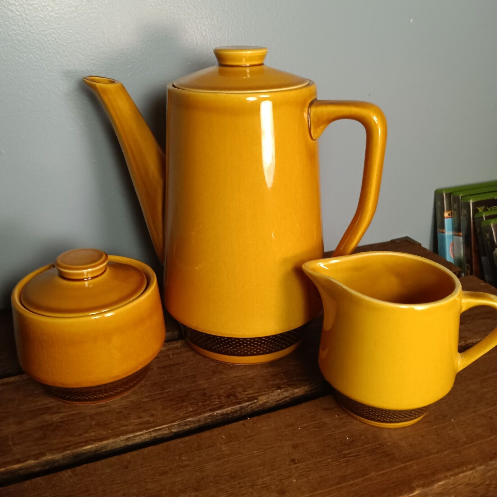 Vintage Aurora Firestone Teapot, Creamer, Sugar Bowl Set, Harvest Gold & Brown