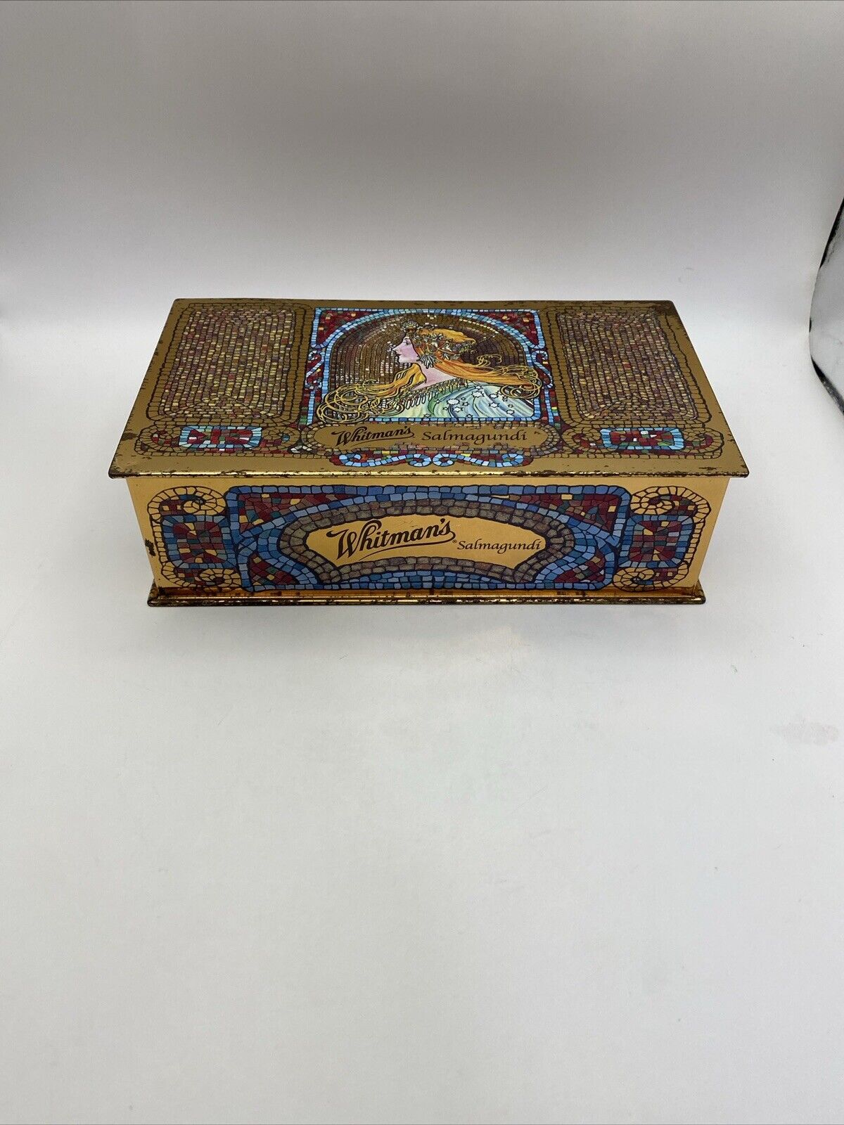 Vtg 1920’s Whitman’s Salmagundi Chocolate Mosaic Art Nouveau Tin Box Trinket Box