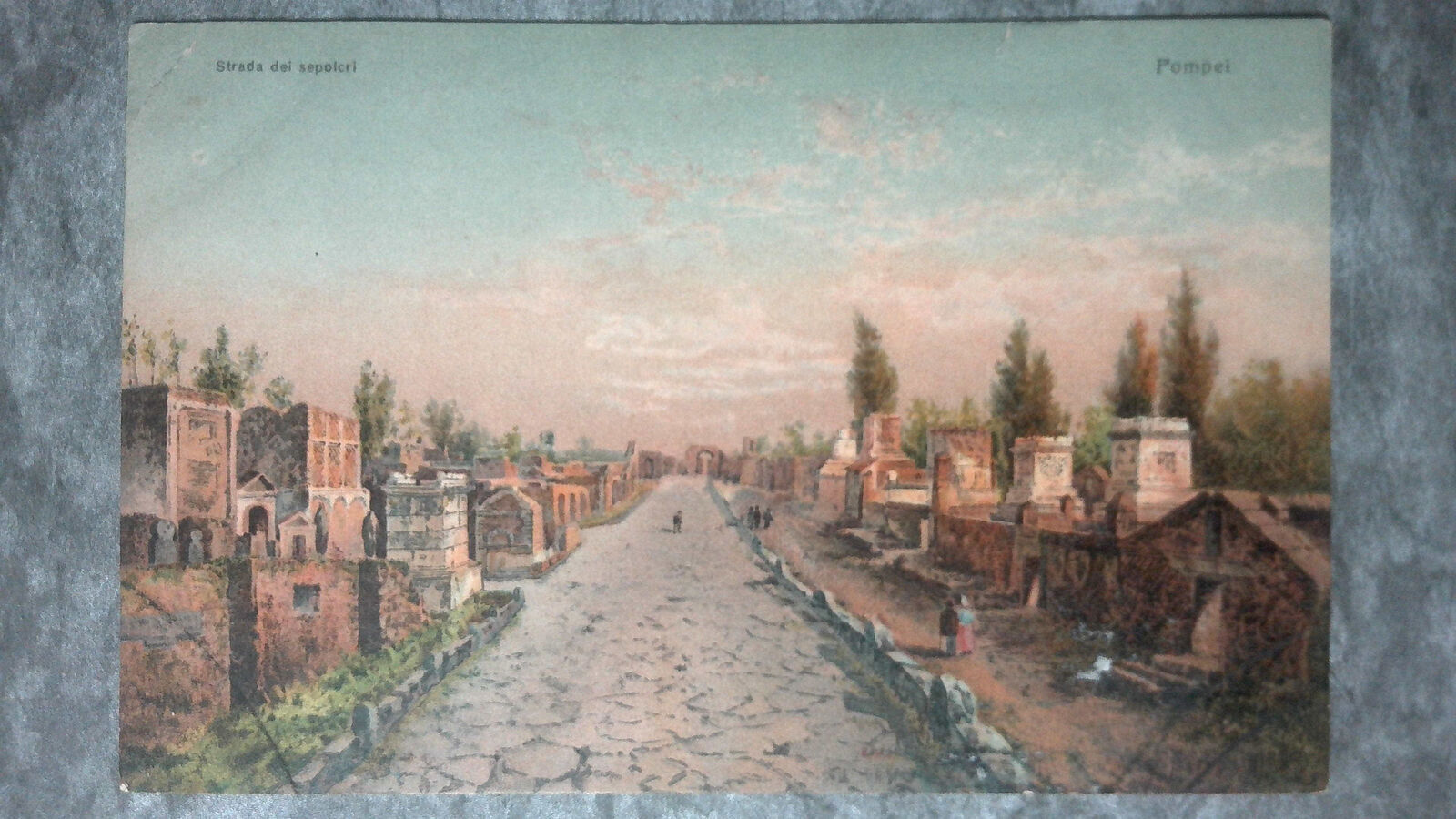 VTG c1919 Tinted Collotype Postcard Road of the Sepulchers Tombs Pompeii Italy
