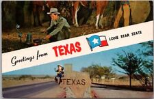 Vintage 1950s TEXAS Multi-View Postcard Li'l Cowboy / Campfire Scene /State Flag picture