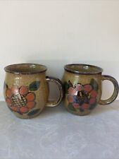 Japan Stoneware Round Beige Flower Coffee Mugs Tea Cups Vintage 70’s~ Set of 2 picture