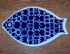 Vintage Porsgrund Norway Flow Blue Porcelain Fish Trivet/Indigo Flowers Art Tile picture