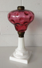 ANTIQUE CRANBERRY COIN DOT & MILK GLASS OIL LAMP picture