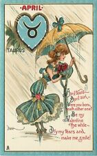 Tuck Zodiac Valentine Postcard 128 A/S Dwig April Taurus Girl w/ Umbrella, Rain picture