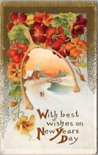 Vintage 1910s HAPPY NEW YEAR Embossed Postcard Church Scene / Wishbone Border picture