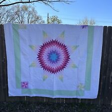 Vintage Quilt Lone Star Rainbow Hand Quilted 82” X 74” Purple Pink Green Border picture