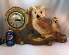 Vtg 1950-60's Chalkware Lanshire Clock Owl Mom Or Dad One Baby Family Cabin Farm picture