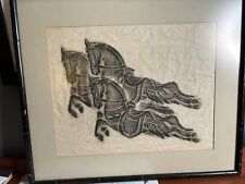 Vintage Thai Temple Rubbing Tracing Horses Charcoal Grayish Framed With Tweed picture