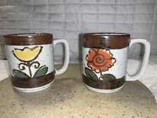 Vtg. Hand Painted Otagiri Flowers Speckled Stoneware Coffee Mug Cup Set/2 picture