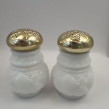 Vintage Avon White Milk Glass Salt & Pepper Shakers Gold Colored Tops picture