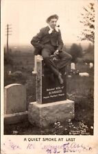 Real Photo PC Comic Quiet Smoke at Last Man Sitting on Headstone of Nagging Wife picture