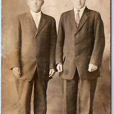 c1910s Two Young Men RPPC Portrait Gentleman Suit Classy Slick Hair Photo A255 picture