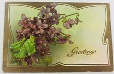 Vintage Postcard Embossed Greetings Gold Frame Purple Flowers 1910 picture