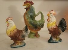 1900s French Majolica Tall Rooster Pitcher & Set Of Chicken & Rooster Figurines  picture
