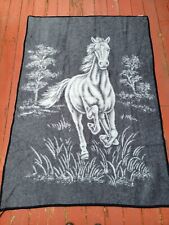 Vintage Biederlack Blanket Bronco Horse Run Reversible 55” x 78”  Black Gray Whi picture