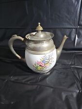 RARE unmarked Manning Bowman Pewter and porcelain teapot 8
