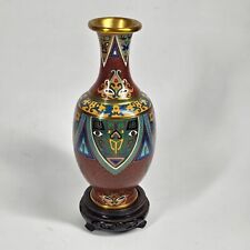 Cloisonne Enamel Vase Geometric Face Brass Vintage 8