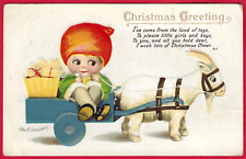 Yule Goat Cart Clapsaddle Christmas Elf Googly Eyes A/S Emb Antique PC Vtg c1915 picture