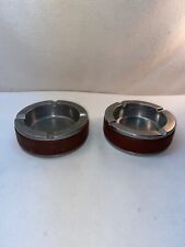 Vtg Pair Metal Round Chunky NO SPILL Brown Leather Band Table Ashtrays picture