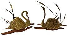 Vintage Brass Swan Wall Hangings Cattail Wood Metal Mid Century Modern MCM  picture