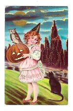 Early 1900's Halloween Postcard Young Girl Holding Pumpkin, Black Cat, Owl picture