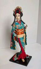 1950's Japanese Lady Geisha Doll W/ Floral Kimono And Intricate Head Piece Cloth picture