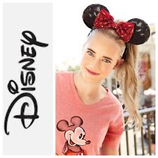 Disney Parks Black Sequin Minnie Ears Headband Red Bow One Size picture