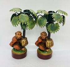 Vintage PETITES CHOSES Candle Holder Set Monkey Palm Tree Brass Art Decor 00 picture