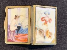 ANTIQUE PAINTED VESTA MATCH SAFE WITH SEMI NUDE PORCELAIN INSERTS FRONT AND BACK picture