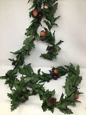 Artificial Silk Holly Leaf Garland Pinecones Apples Strawberries Plums 87” Long picture