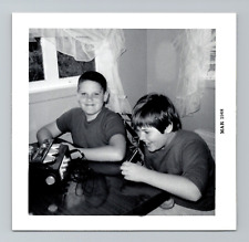 Vintage 60s Photo - Two Young Boys With Reel to Reel Recorder B&W Snapshot picture